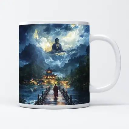 Buddhist Monk Walking Bridge Temple Night