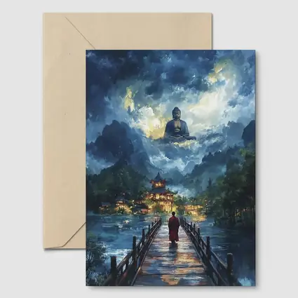 Buddhist Monk Walking Bridge Temple Night