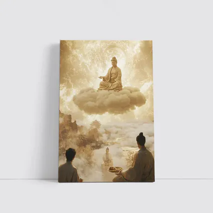 Buddha Meditating on Cloud Golden Celestial Scene