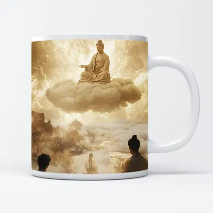 Buddha Meditating on Cloud Golden Celestial Scene