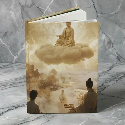 Buddha Meditating on Cloud Golden Celestial Scene