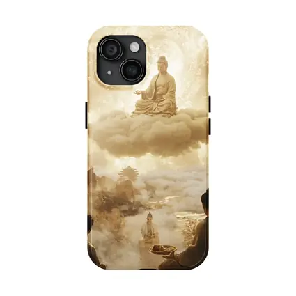 Buddha Meditating on Cloud Golden Celestial Scene