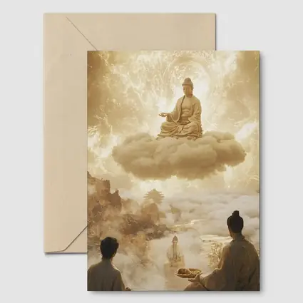 Buddha Meditating on Cloud Golden Celestial Scene