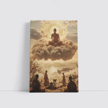 Golden Buddha Floating Above Worshippers Scene