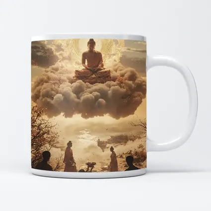 Golden Buddha Floating Above Worshippers Scene