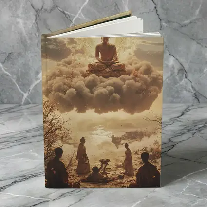 Golden Buddha Floating Above Worshippers Scene