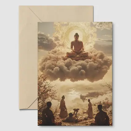 Golden Buddha Floating Above Worshippers Scene