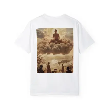 Golden Buddha Floating Above Worshippers Scene