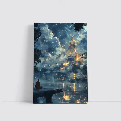 Buddhist Monk Meditating Giant Buddha Misty Night