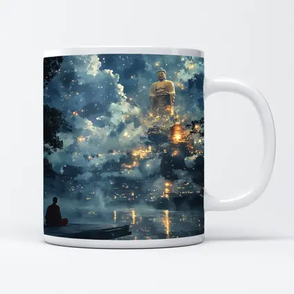 Buddhist Monk Meditating Giant Buddha Misty Night