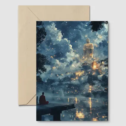 Buddhist Monk Meditating Giant Buddha Misty Night