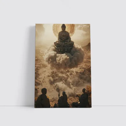Giant Buddha Meditating Above Dusty Ancient Ruins