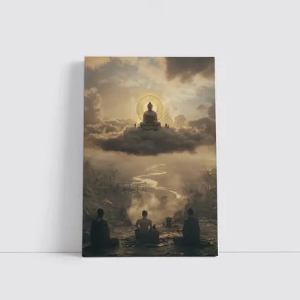 Buddha Meditating Above Clouds Worshippers Below