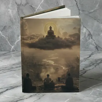 Buddha Meditating Above Clouds Worshippers Below