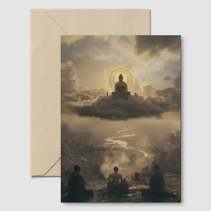 Buddha Meditating Above Clouds Worshippers Below