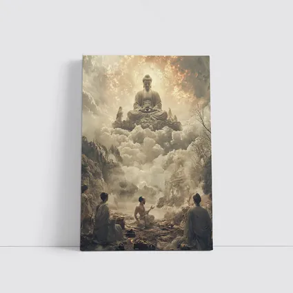 Buddha Floating Above Worshippers In Clouds