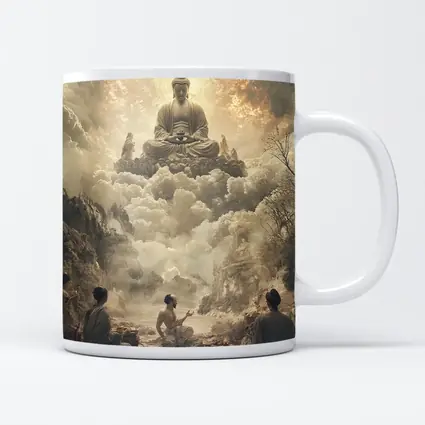 Buddha Floating Above Worshippers In Clouds