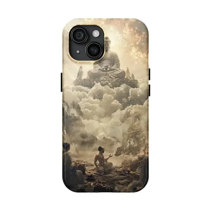 Buddha Floating Above Worshippers In Clouds