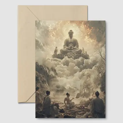 Buddha Floating Above Worshippers In Clouds