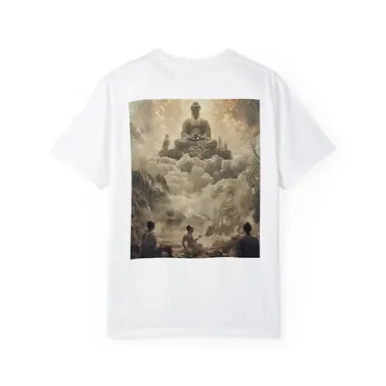 Buddha Floating Above Worshippers In Clouds