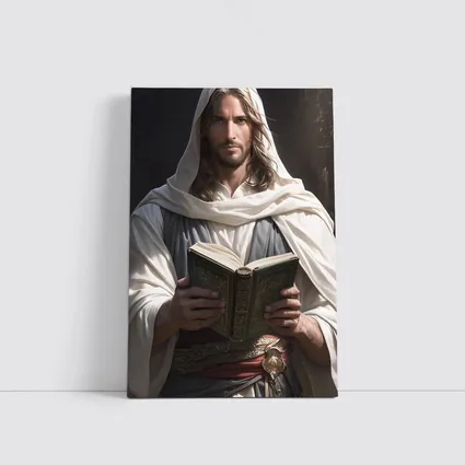 Jesus Christ Reading Holy Book Dark Background