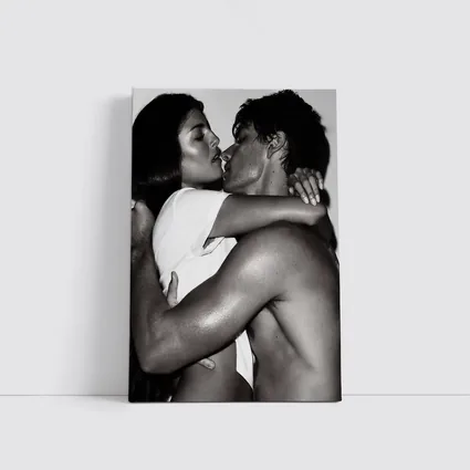 Black and White Couple Kissing Embrace Art