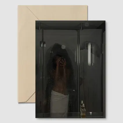 Woman in Towel Steamy Bathroom Mirror