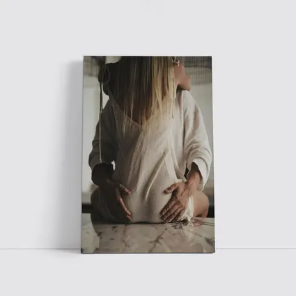 Pregnant Woman Couple Embrace Marble Table