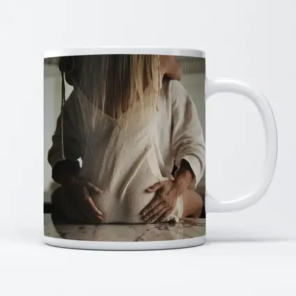 Pregnant Woman Couple Embrace Marble Table