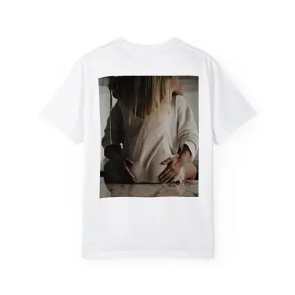 Pregnant Woman Couple Embrace Marble Table