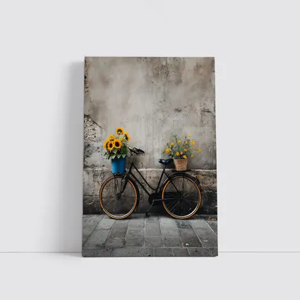Vintage Bicycle Sunflowers Against Stone Wall
