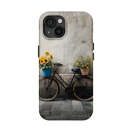 Vintage Bicycle Sunflowers Against Stone Wall