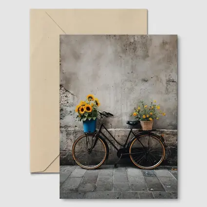 Vintage Bicycle Sunflowers Against Stone Wall
