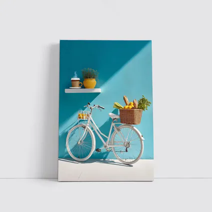 White Bicycle With Market Basket Teal Wall