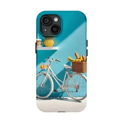 White Bicycle With Market Basket Teal Wall