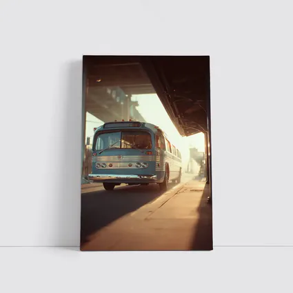 Vintage Blue Bus Urban Street Hazy Morning