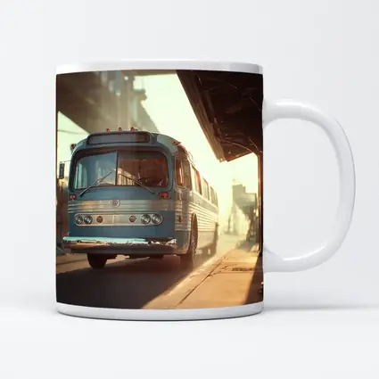 Vintage Blue Bus Urban Street Hazy Morning