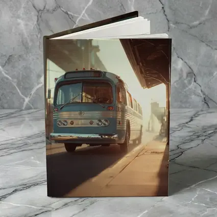 Vintage Blue Bus Urban Street Hazy Morning