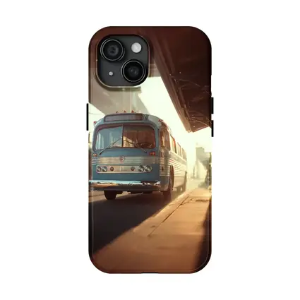 Vintage Blue Bus Urban Street Hazy Morning