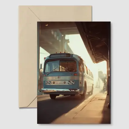 Vintage Blue Bus Urban Street Hazy Morning