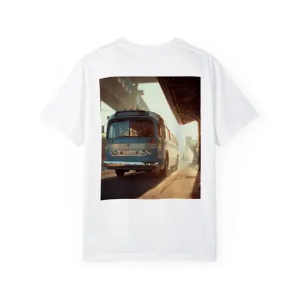 Vintage Blue Bus Urban Street Hazy Morning