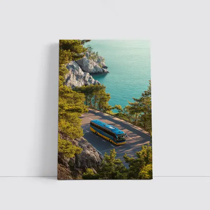 Blue Yellow Bus Coastal Road Turquoise Sea