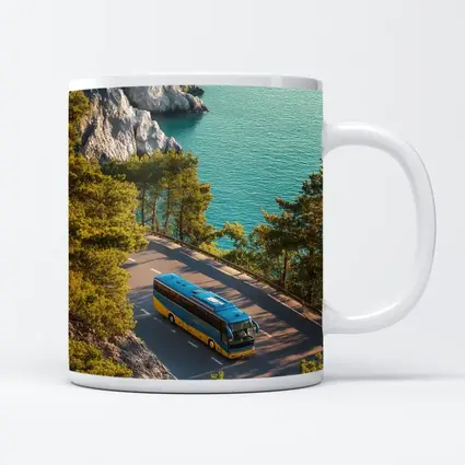 Blue Yellow Bus Coastal Road Turquoise Sea