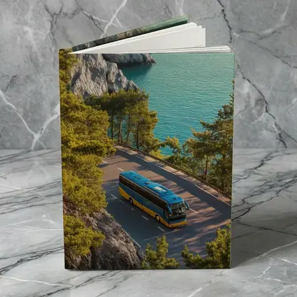 Blue Yellow Bus Coastal Road Turquoise Sea