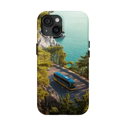 Blue Yellow Bus Coastal Road Turquoise Sea