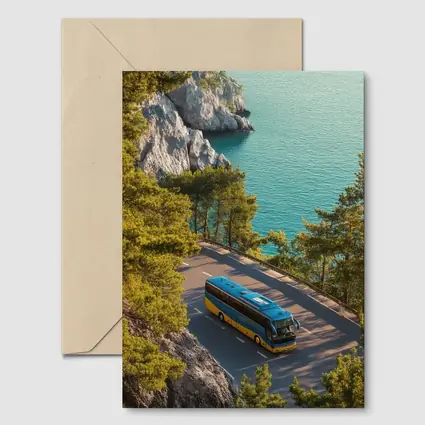 Blue Yellow Bus Coastal Road Turquoise Sea