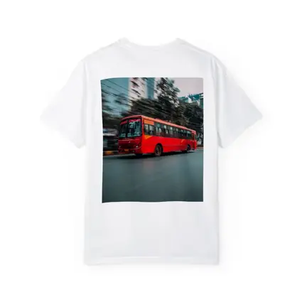 Red Bus Speeding Through Urban City Street