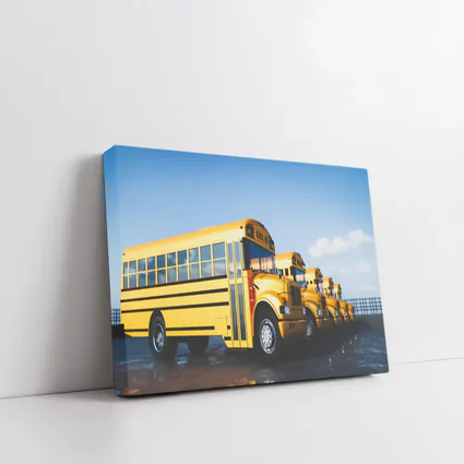 Yellow School Buses Lined Up Blue Sky