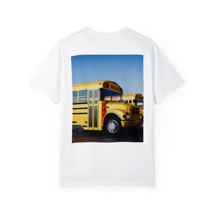 Yellow School Buses Lined Up Blue Sky
