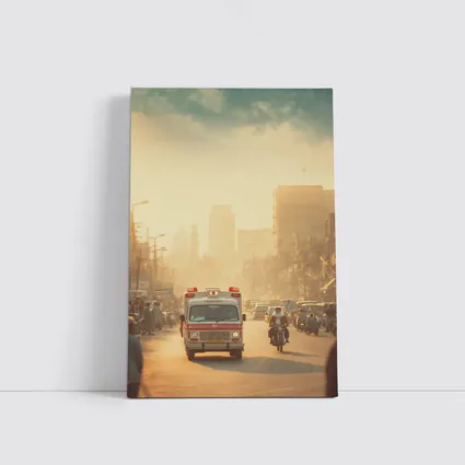 Ambulance Driving Through Hazy Indian City Street